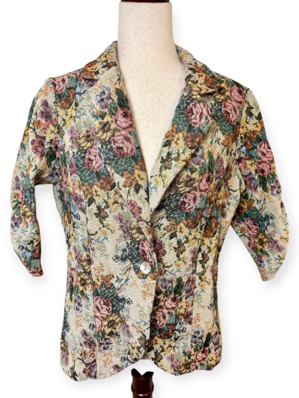 Vintage Karen Kane Floral Tapestry Ruched Quarter Sleeve Blazer Size Medium